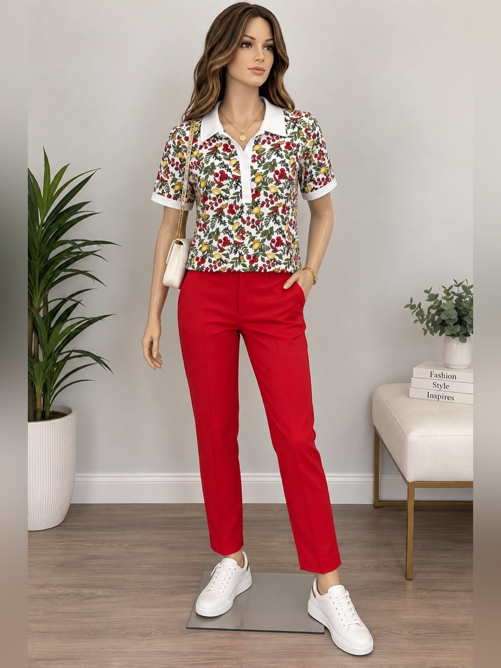 Emily Daniels White Fruit Print Polo Shirt Short Sleeve Floral Cherry Lemon prin